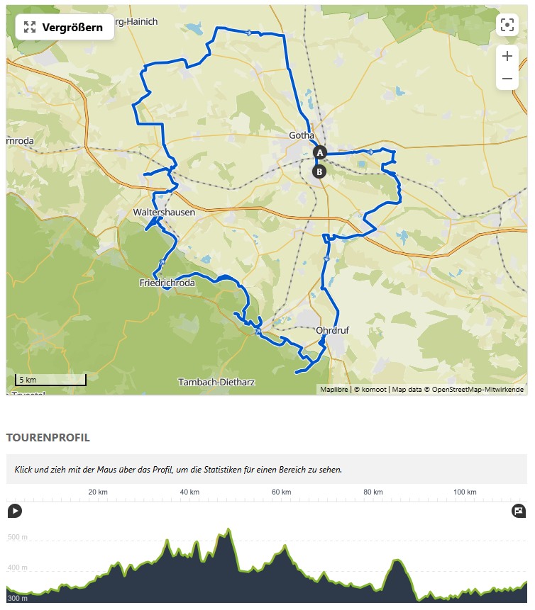 Strecke und Höhenprofil des früheren Spendenmarschs über 100 Kilometer rund um Gotha und Waltershausen. Karte: komoot, OpenStreetMap Mitwirkende